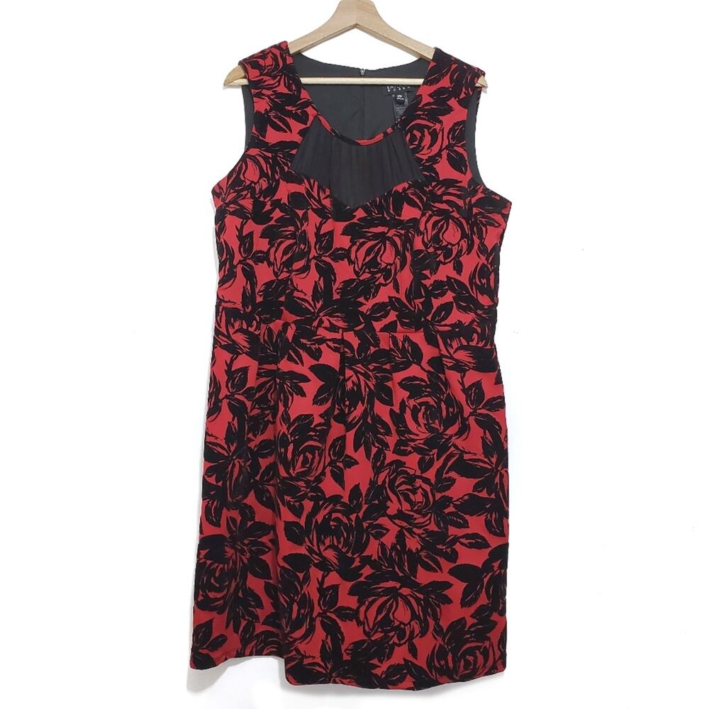 Enfocus Women 18W Red and Black Velvet Mesh Cutout Pleated Front Sheath Dress